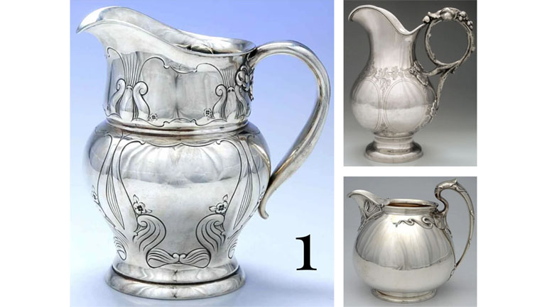 Replacements Ltd 40th Anniversary – silver and crystal barware for the Ultimate Cocktail Hour; trio of antique silver water pitchers