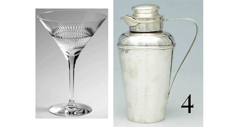 crystal martini glass and silver shaker