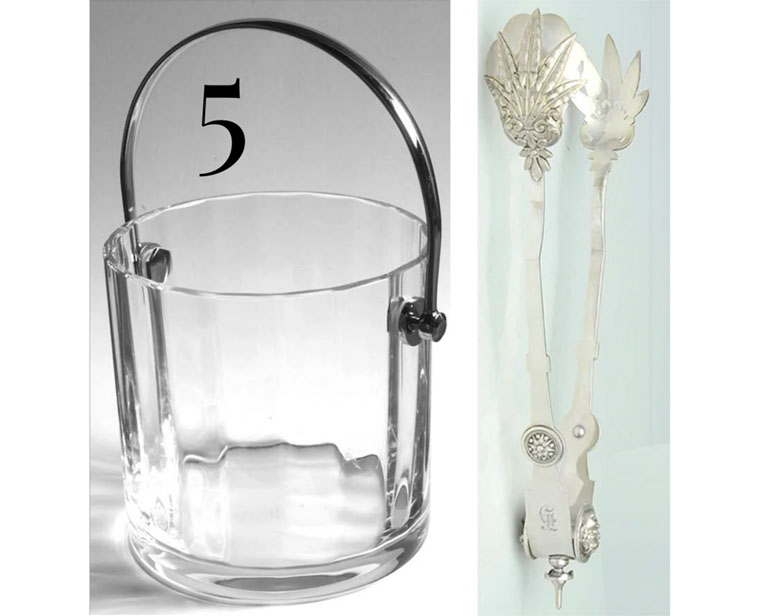 crystal ice bucket and silver ice serving tongs