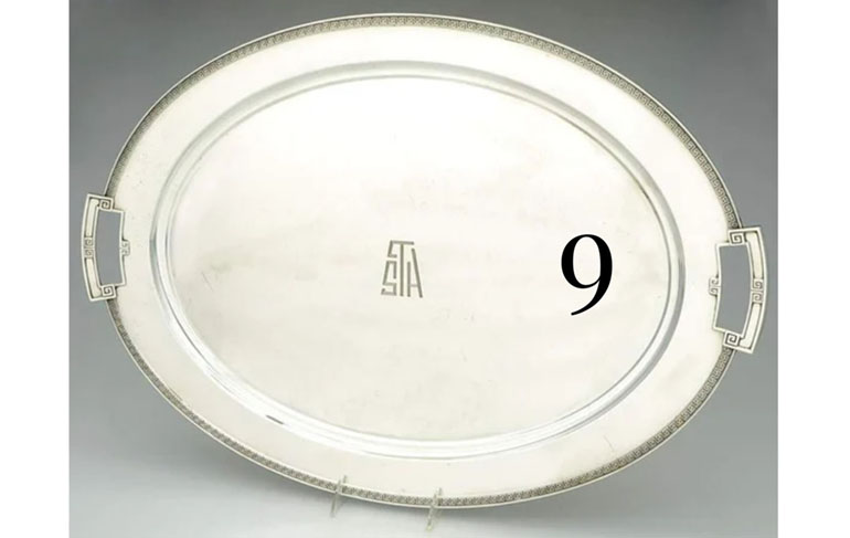 Replacements Ltd 40th Anniversary – barware for the Ultimate Cocktail Hour; silver tray trimmed in a Greek Key pattern from Replacements Ltd