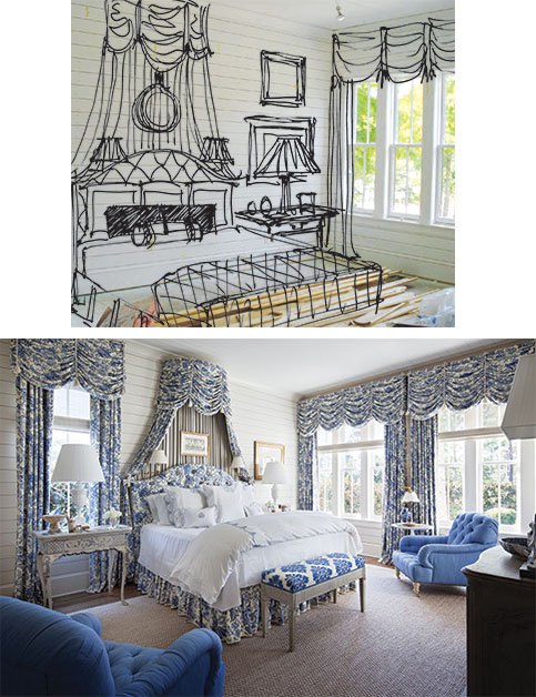 One of the tools Hampton utilizes in her design process is to take a photo of a room and draw in furniture and accessories to help the homeowner visualize the end result, as seen in the “before and after” of this blue-and-white bedroom. “They’re fun, and the clients love them because it really helps them see where we’re headed,” says Hampton. | Photo by Steve Freihon