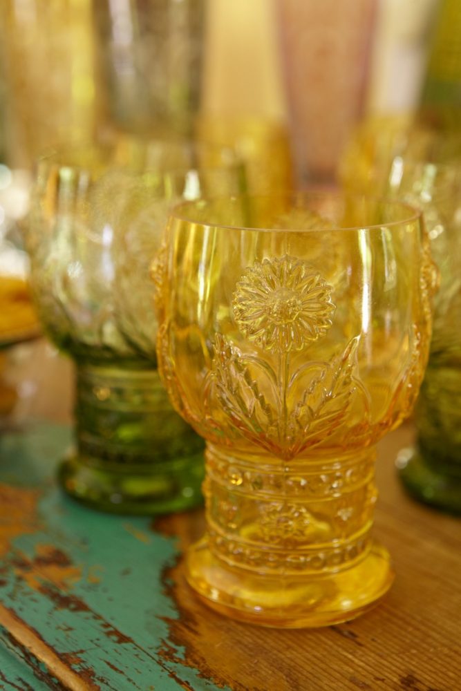 green and gold glassware