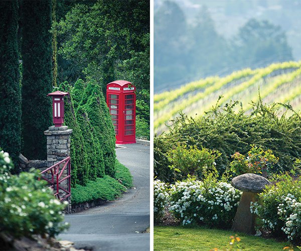 Left: Cultures cross at the entrance to Newton Vineyard gardens with this jolly red London phone booth and its accompanying Asian lamp on an indigenous stacked-stone column. | Right: English staddle stones dot the estate and give another nod to Peter Newton’s country of origin.