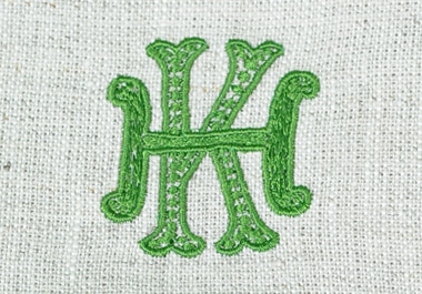 Cipher 2-letter Monogrammed Napkin with bright Kelly green embroidery