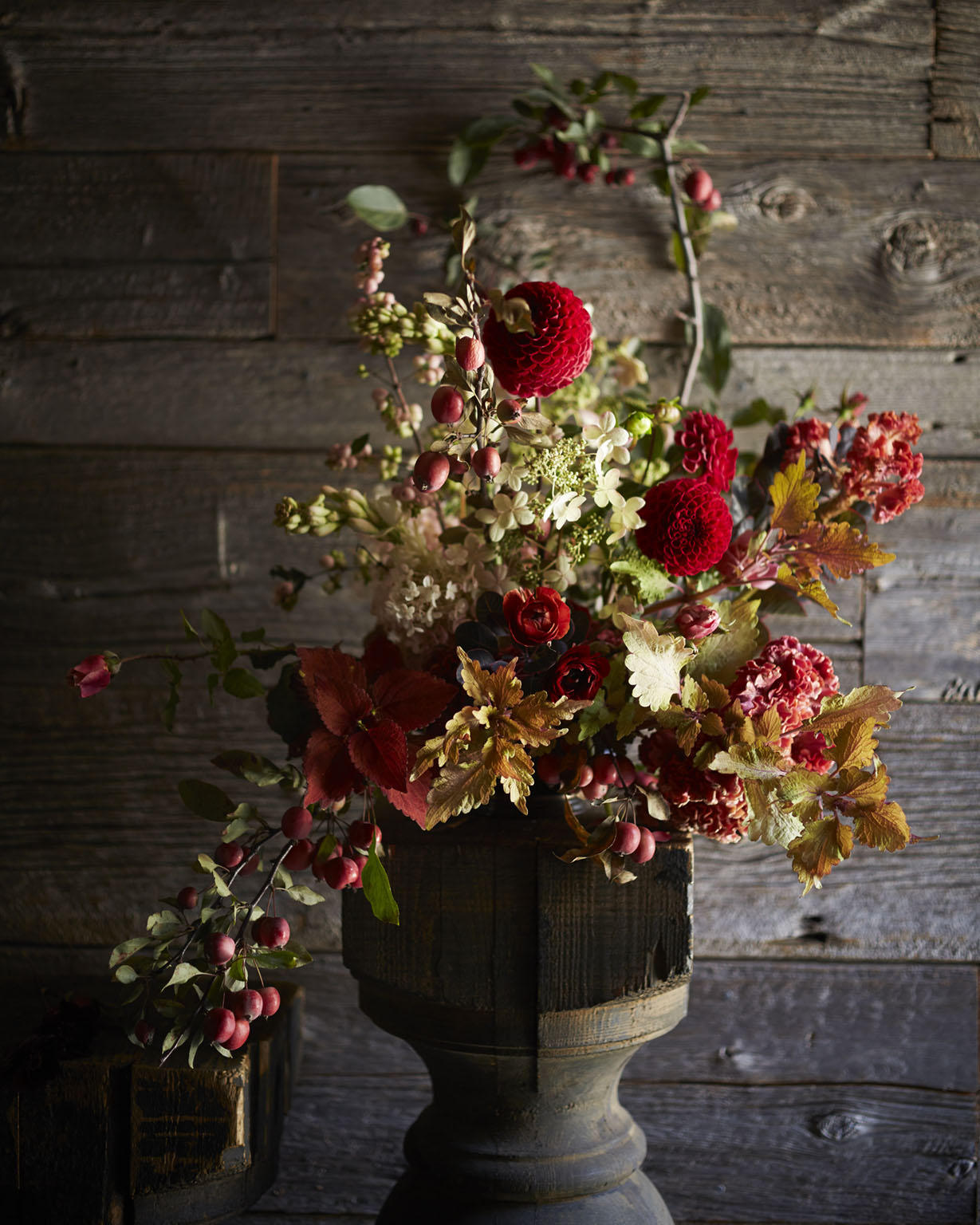 autumn arrangement by Saipua featuring red dahlias
