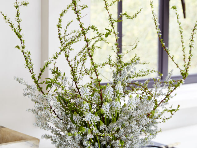silver and white flower arrangement