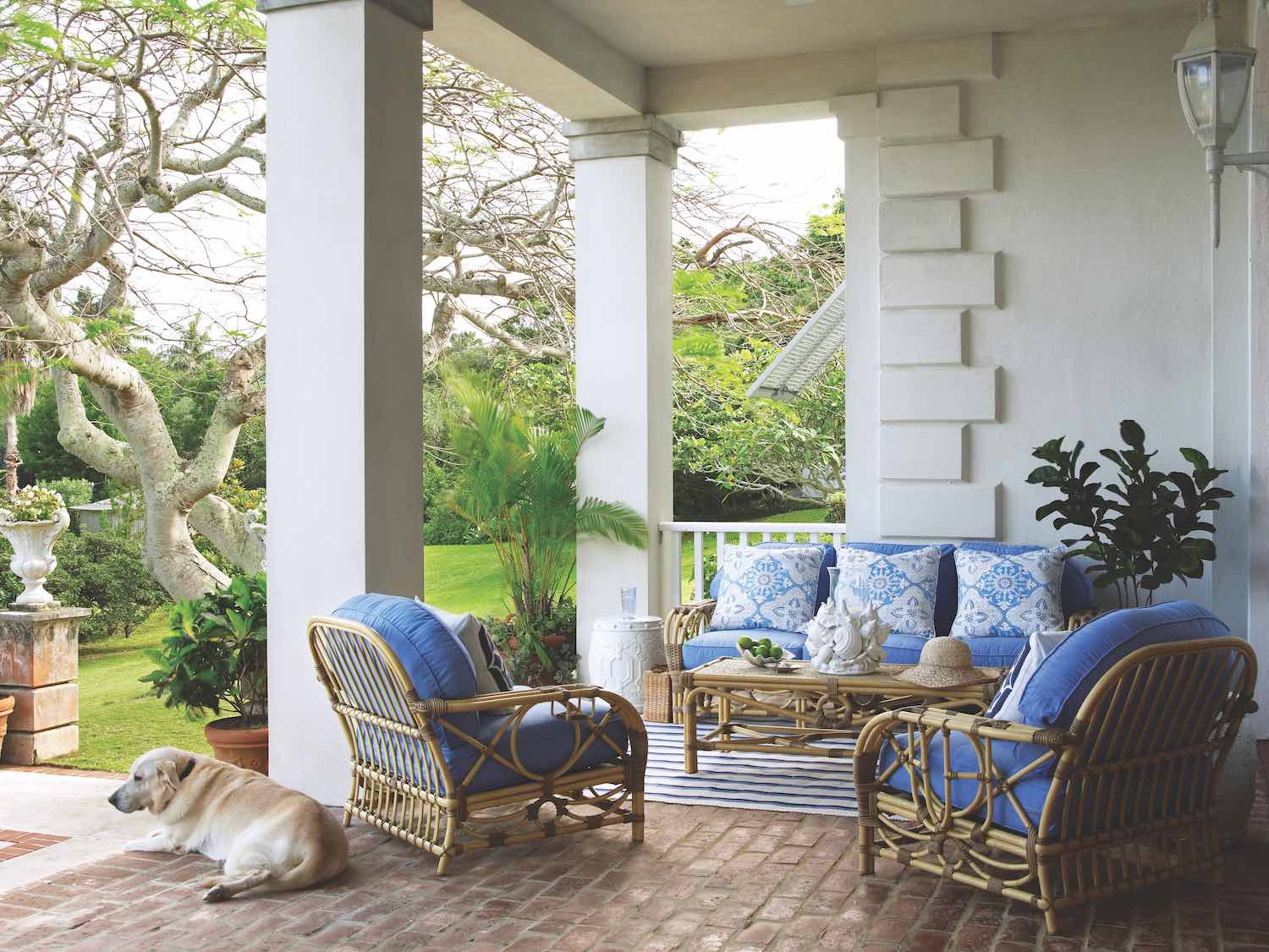 porch with blue-and-white decor
