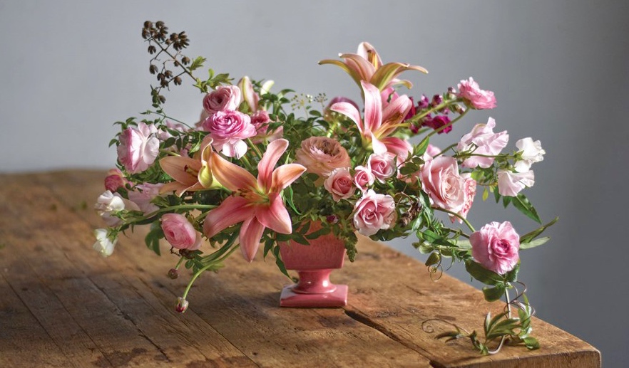 all-pink arrangement, ingrid carozzi