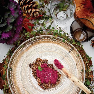 Gluten-Free Multiseed Crispbread topped with ruby red beet hummus