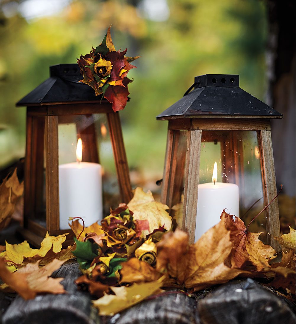 lanterns embellished with maple leaf rosettes