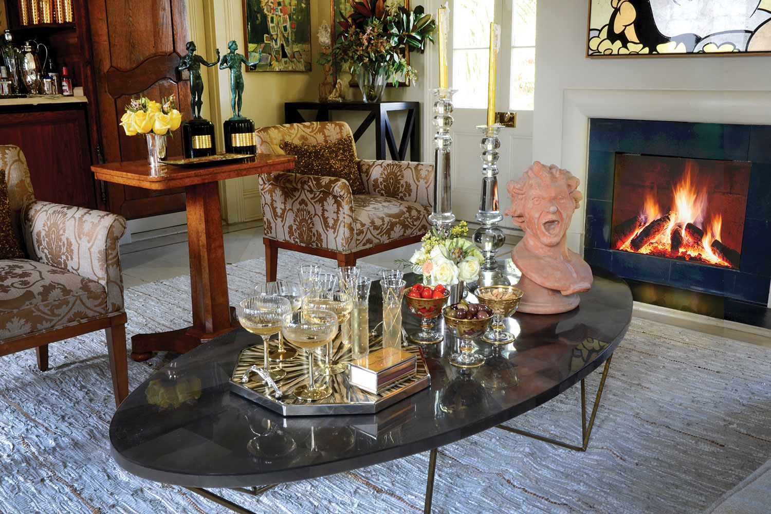 try of champagne on Bryan Batt's coffee table