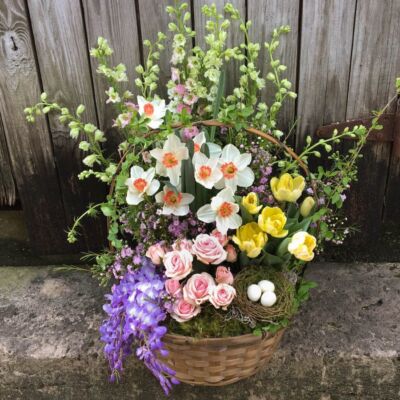 spring flower basket arrangement, easter basket flower arrangement