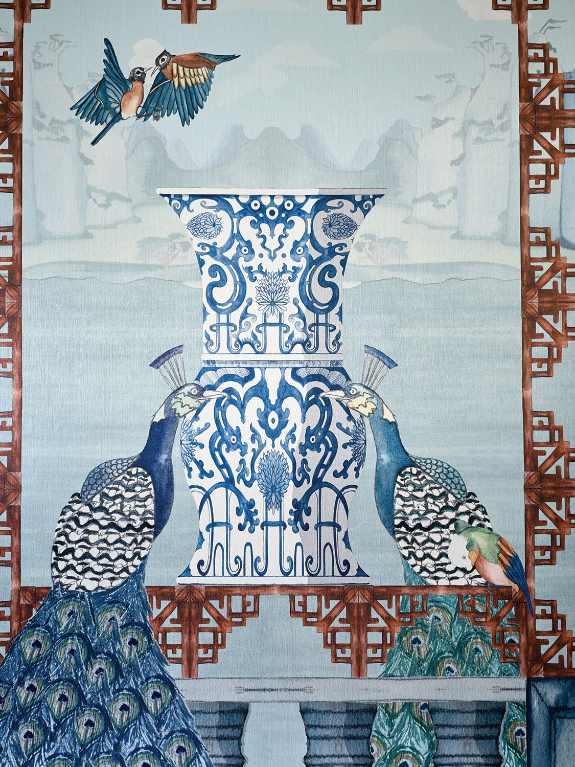 Detail of Roi du Lac wallpaper with blue and white jar flanked by peacocks and parrots
