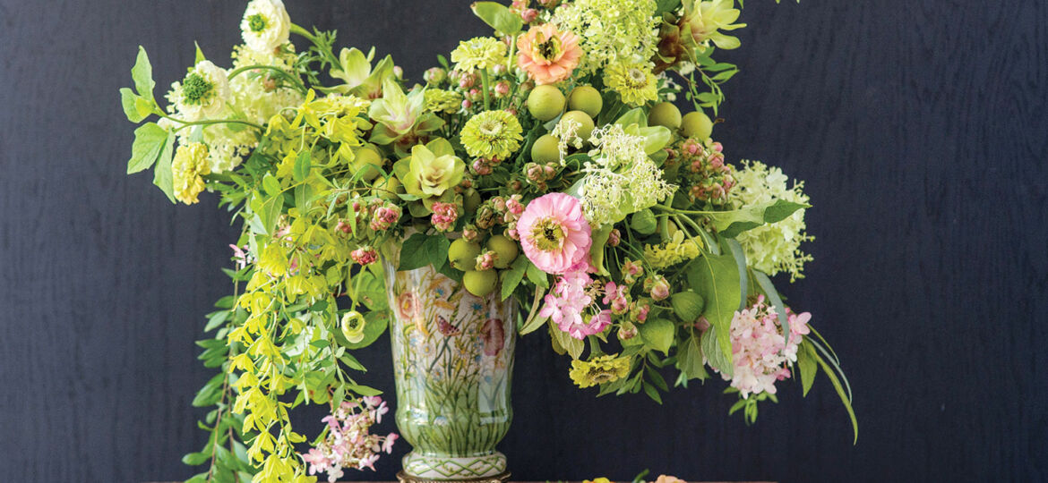 old-world style arrangement, green and pink