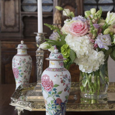 A George III sterling tray and a pair of 18th-century famille rose vases.