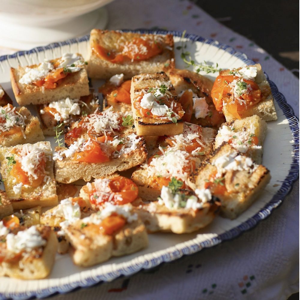 rye focaccia topped with tomato confit