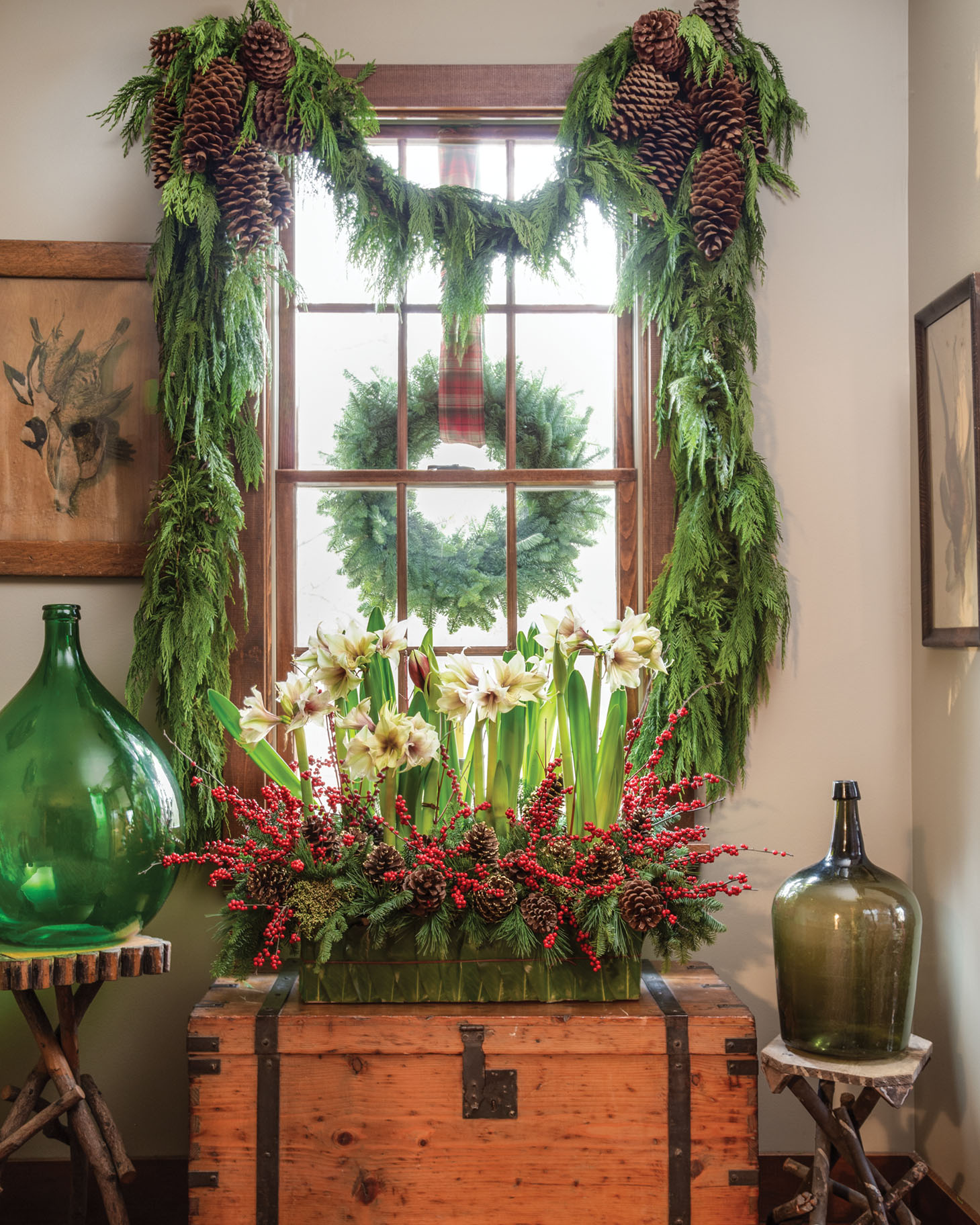 The chest sits under a natural-wood mullioned window. Decorating with antiques and choosing such architectural details are how event planners Rick Davis and Christopher Vazquez made their new country home look like an old farmhouse in St. Mary’s County, Maryland.