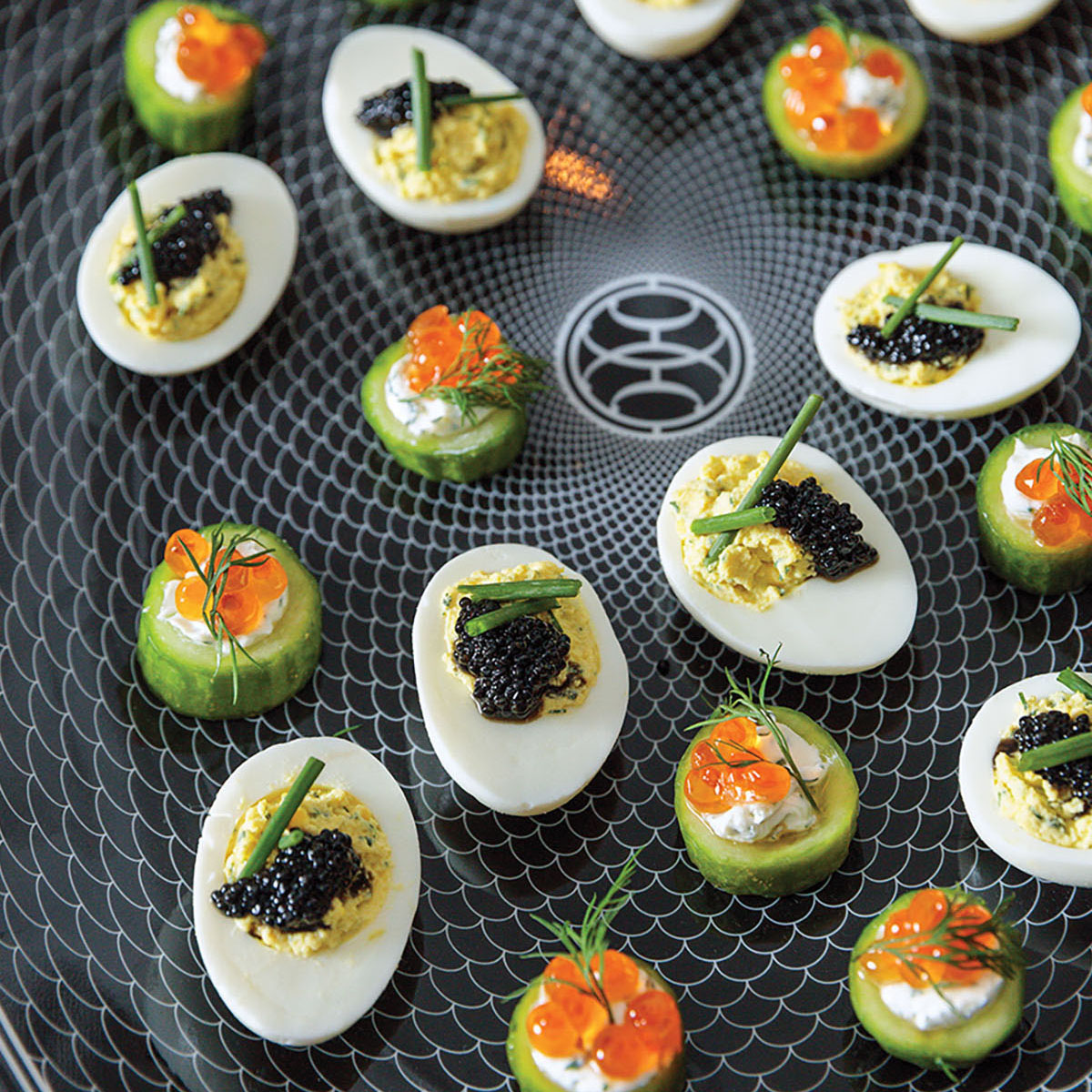 DEVILED EGGS WITH CHIVES AND CAVIAR