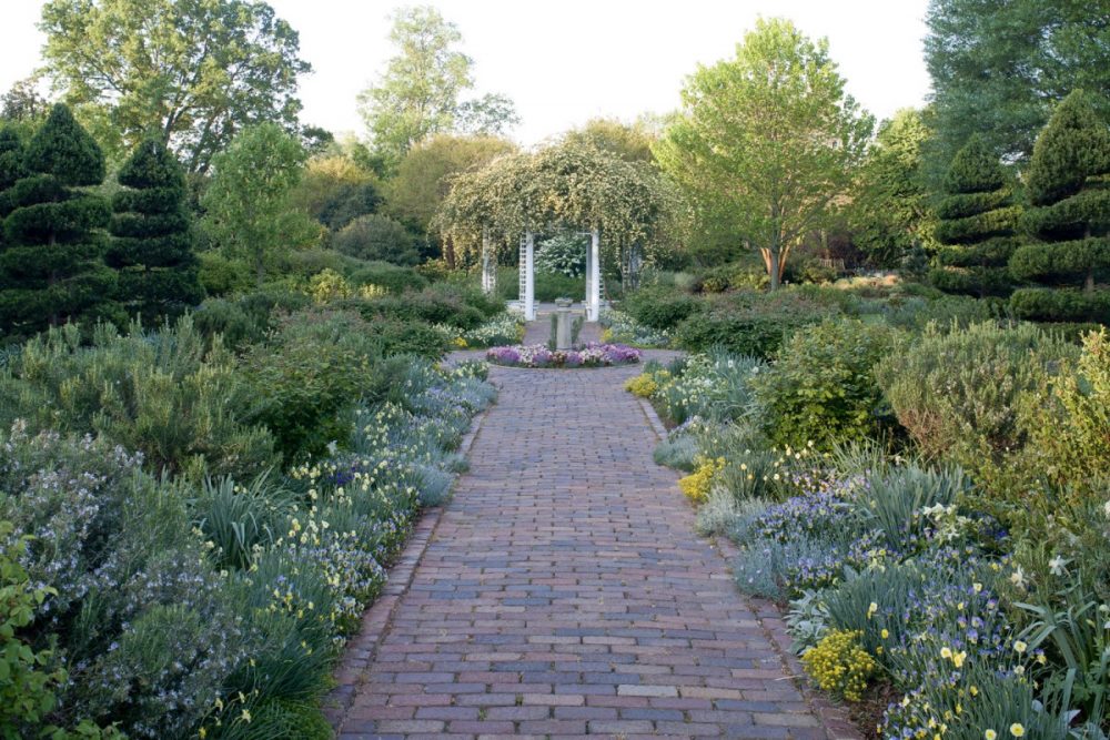 Photo of a brick walkway through through a Virginia garden on the 86th Historic Garden Week Tour in 2019, leading to flower covered pergola