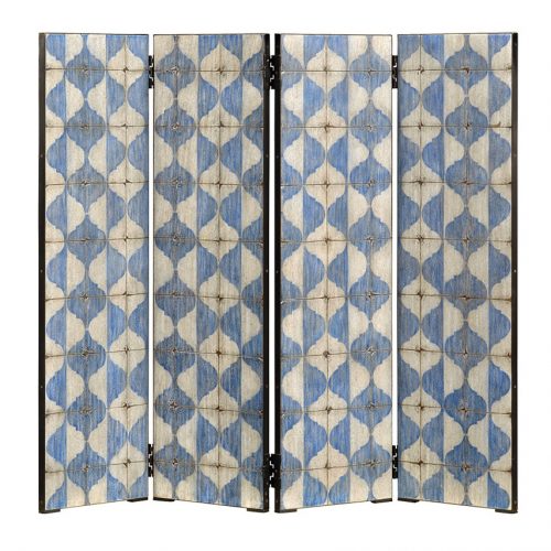 Photo of blue-and-white patterned screen with 4 hinged panels