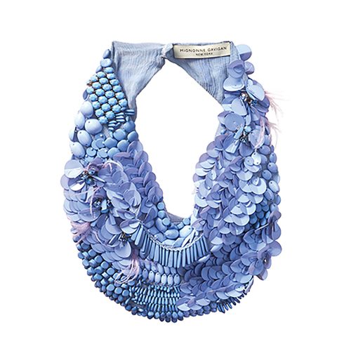 Photo of intricately adorned fabric necklace in hydrangea blue