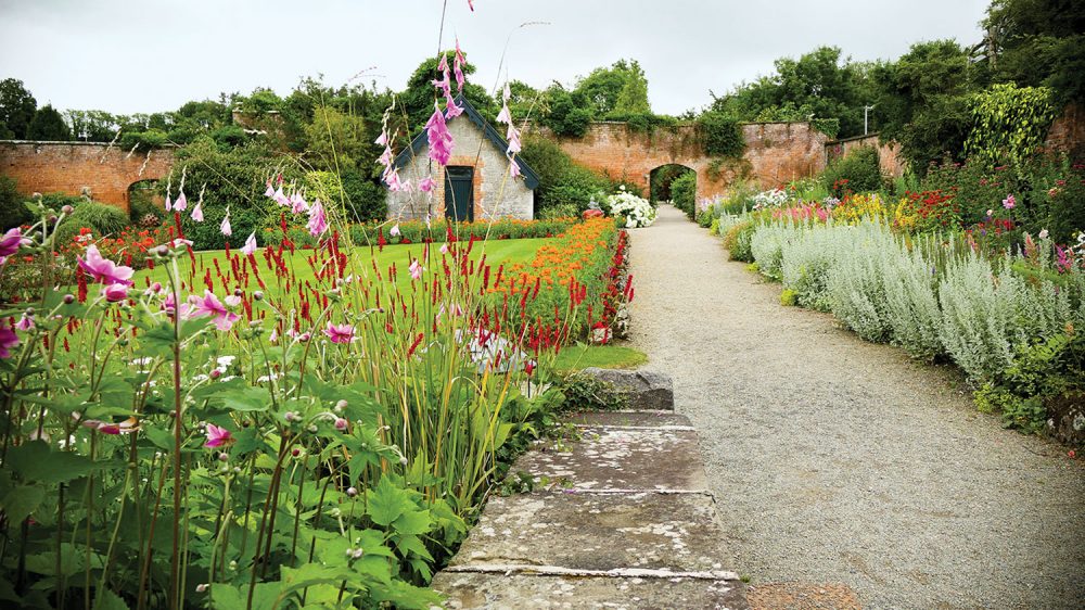 A gravel path bordered by dense, colorful flowers on both sides leads to an arched exit in the greenery-draped, tall, aged brick garden wall at Dromoland Castle in Ireland. To the left of the path is a lush green lawn.