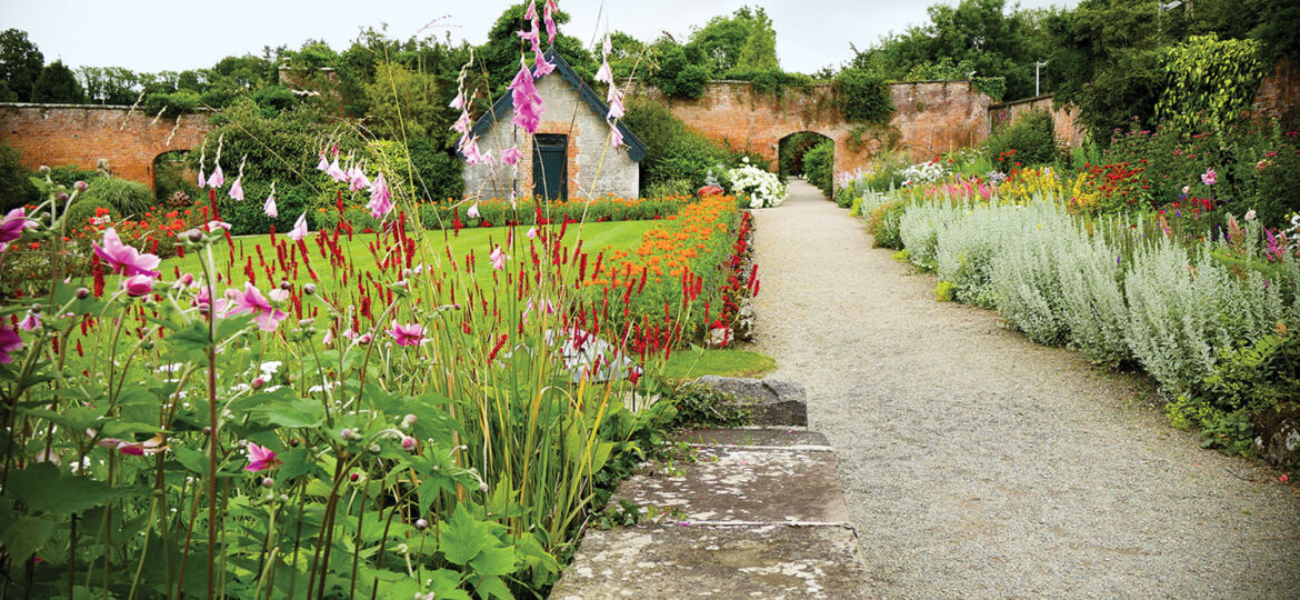 A gravel path bordered by dense, colorful flowers on both sides leads to an arched exit in the greenery-draped, tall, aged brick garden wall at Dromoland Castle in Ireland. To the left of the path is a lush green lawn.