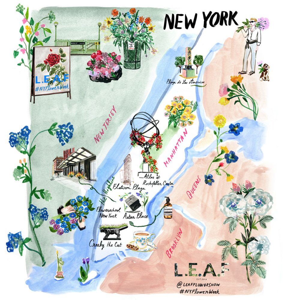 Watercolor illustrated map for the inaugural #NYFlowerWeek