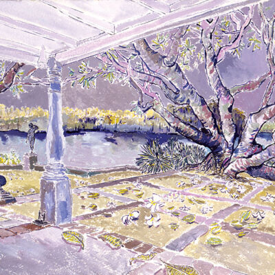 "Lunuganga, Bentota, Sri Lanka," 1992, gouache on paper, 21 x 27 inches, private collection. From “Into the Garden” by Christian Peltenburg-Brechneff, copyright © 2019, published by G Arts www.glitteratieditions.com