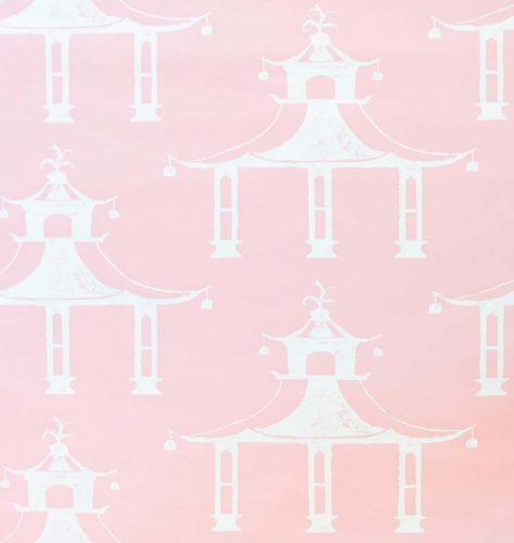 White pagoda motifs on a pale pink fabric background