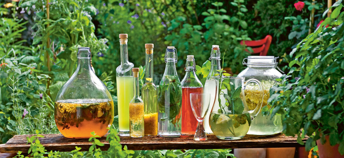 An enticing array of David Hurst’s nonalcoholic concoctions, displayed in the garden.