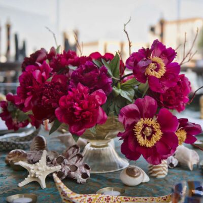 event design lecture, table setting with peonies and shells