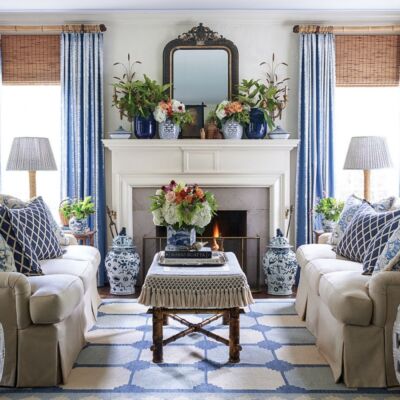A symmetrical seating arrangement centered in front of a white painted mantel includes two facing sofas upholstered in a light neutral color, with blue-and-white throw pillows in two patterns--one diamond-shaped and modern, and the other floral and fringed. Pale blue floor-to-curtains, a blue and white rug, and an assortment of blue-and-white urns and vases throughout the room continue the theme