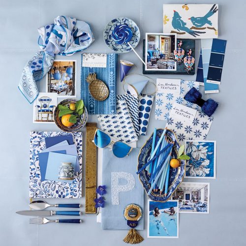 A collage of blue-and-white items for the home