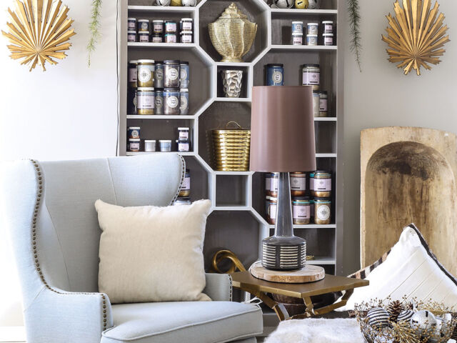 Store scene from Bridget Beari in Richmond, Virginia, includes light blue wing chair, bookcase with the shelves arranged in a geometric pattern, and other unique decor