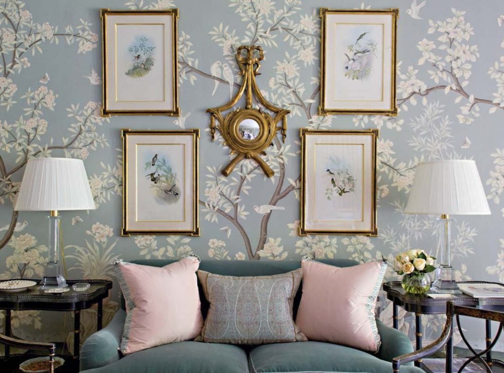 Sitting area featuring Gracie's 'Hampton Garden’ scenic wallpaper