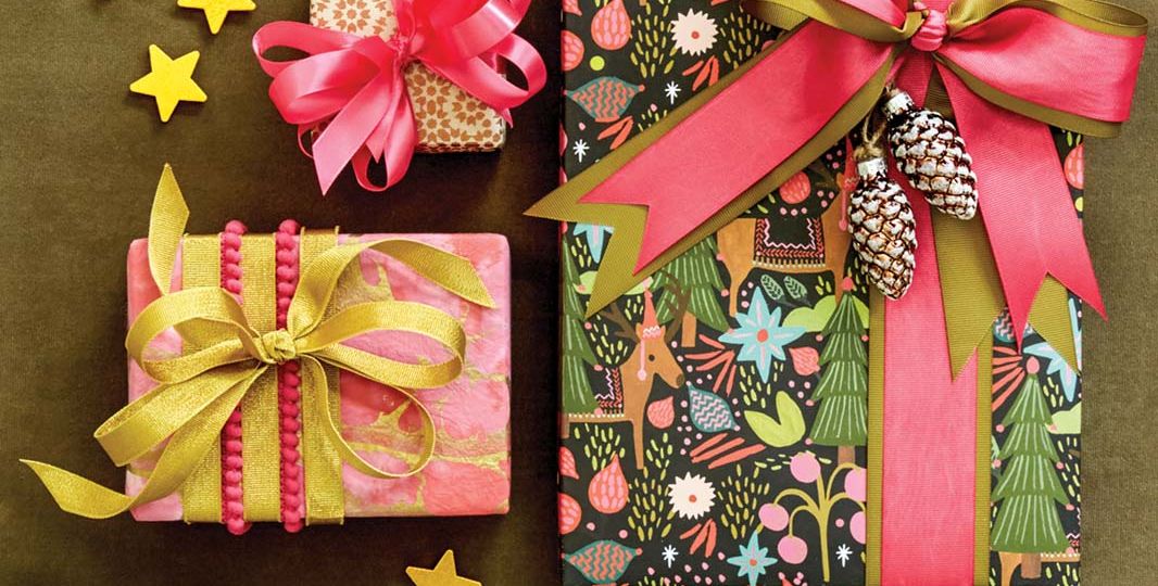 Holiday Gift Wrap ideas in Unexpected colors, including pink and yellow