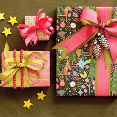 Holiday Gift Wrap ideas in Unexpected colors, including pink and yellow