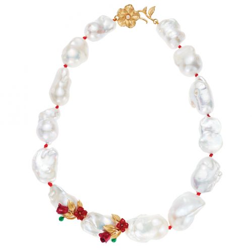 Short necklace of large freshwater pearls, with botanical accents in gold and red