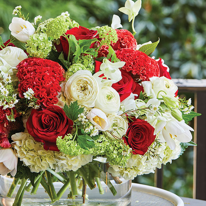 Holiday arrangement with red cockscomb