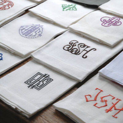 A sampling of monogrammed napkins in Leontine Linens founder Jane Scott Hodges' personal collection