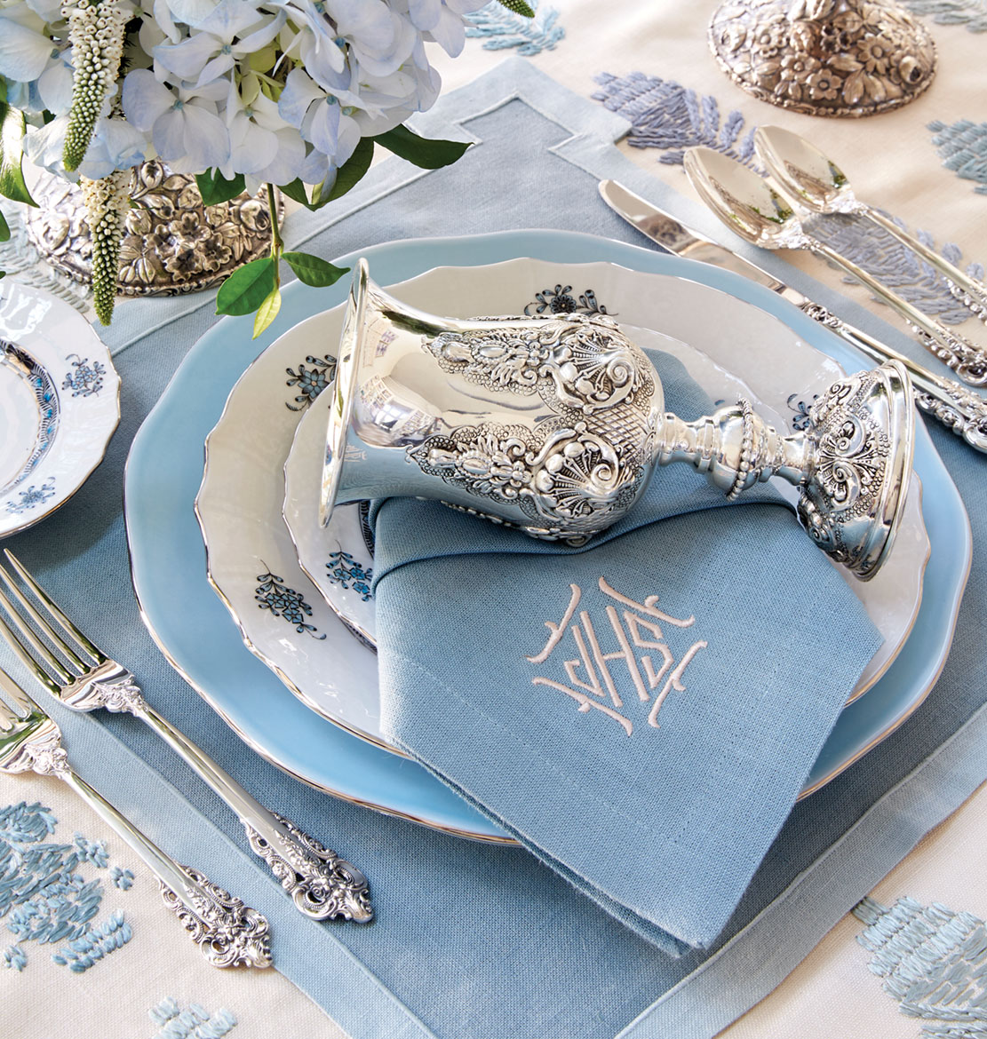 Ice blue, white, and silver tabletop decor