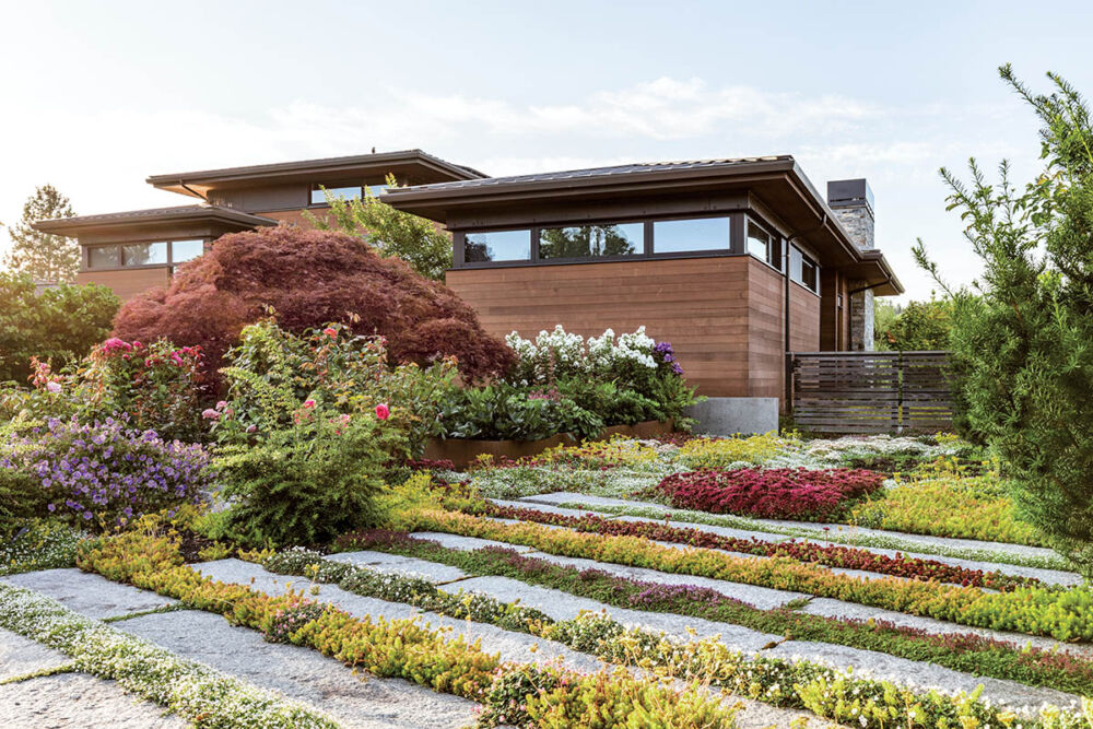 Contemporary Washington state home with driveway that has been converted into a garden planting area with strips of plants and flowers between sections of stone.