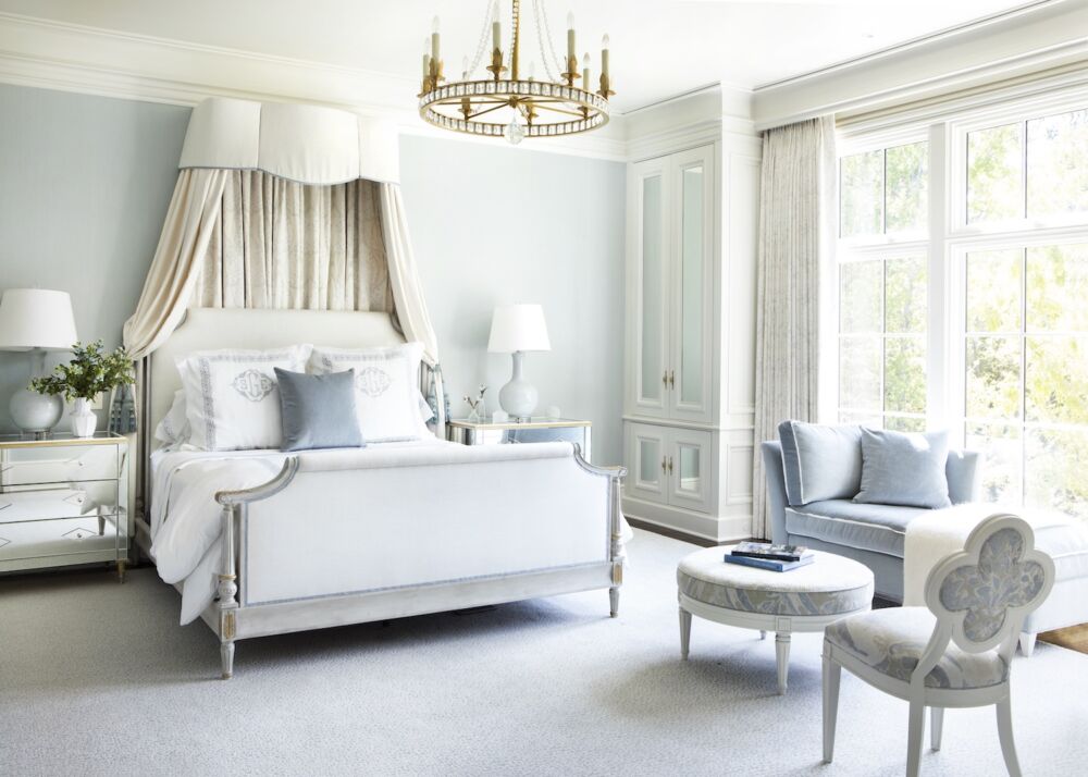 Suzanne Kasler designed bedroom in pale blues