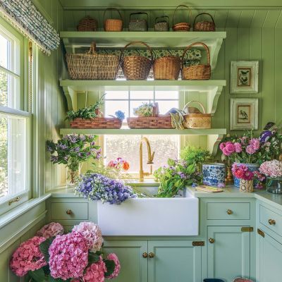Flower room at Grey Gardens filled with pots and buckets of flowers