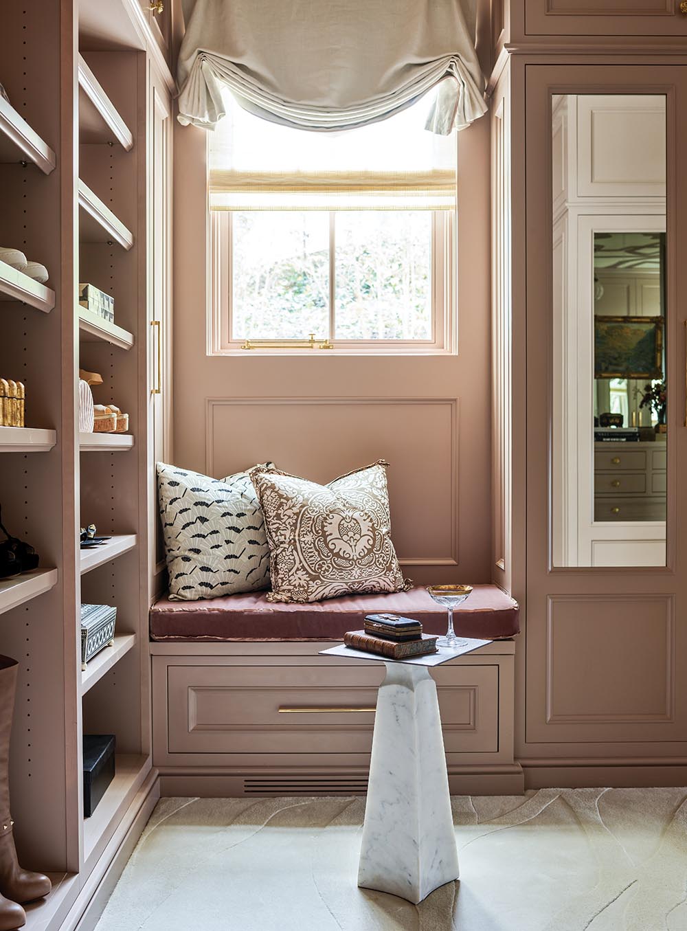 Window seat in the lady's dressing room designed by Julie Dodson for he Flower Atlanta Showhouse
