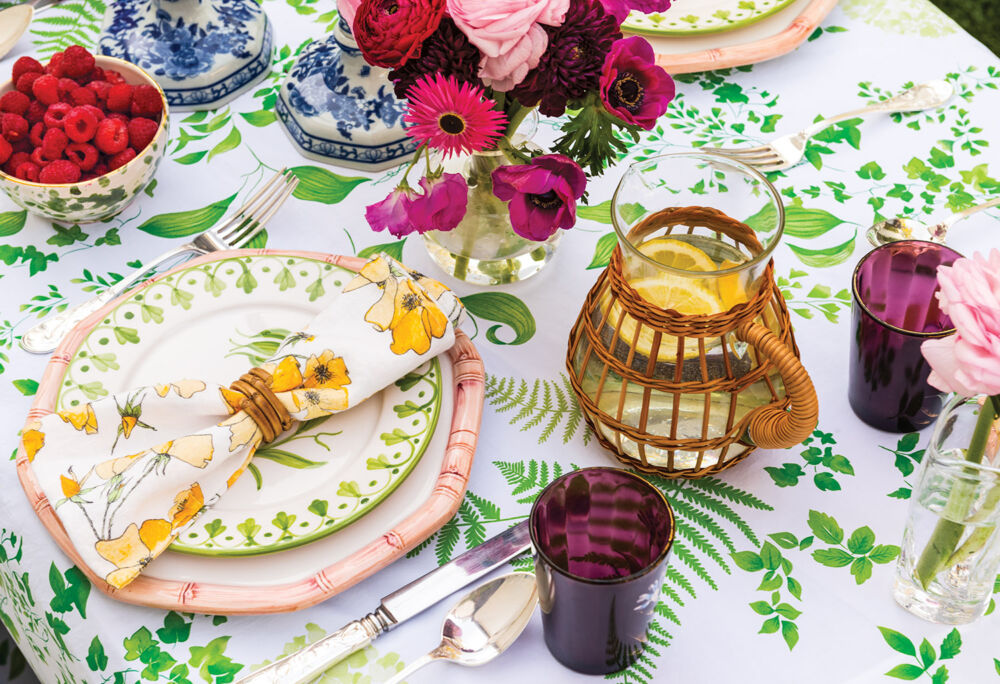 table setting with mixed patterns and colors
