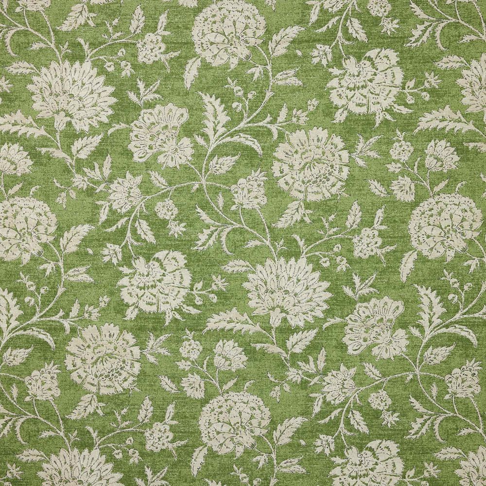 Green fabric with white floral pattern.