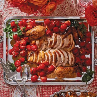 Alex Hitz's Guaranteed: The Perfect Roast Chicken with Roasted Chicken on a silver serving tray
