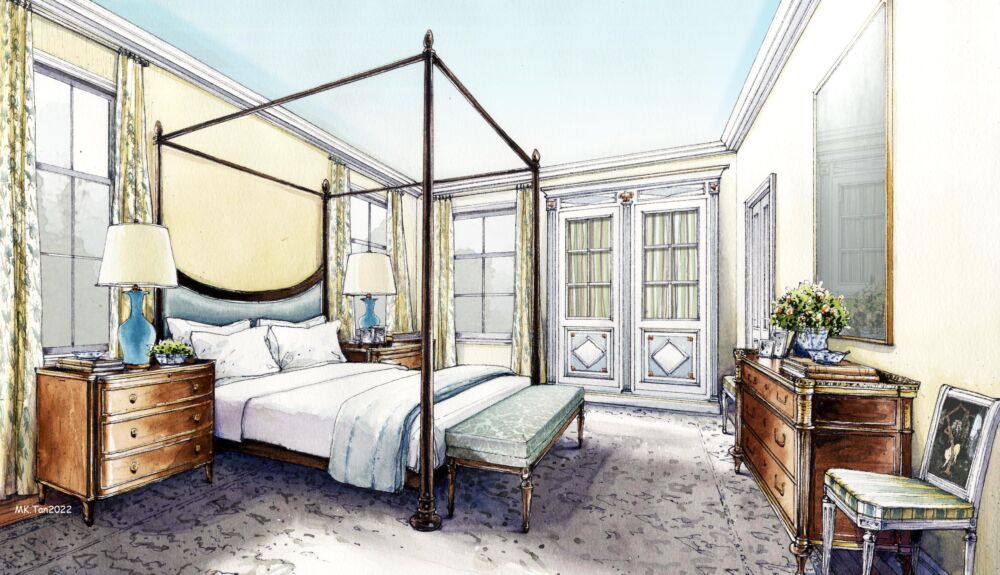 Artist's rendering of Beth Webb designed bedroom